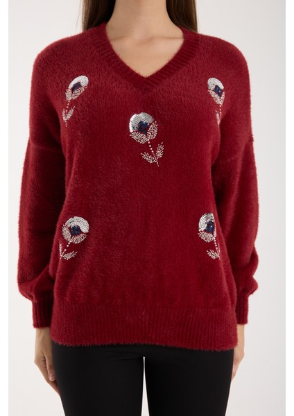 Kadın Bordo Sakal Iplik Balon Kollu Boncuk Nakışlı V Yaka Triko Kazak modelleri