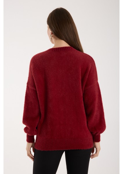 Kadın Bordo Sakal Iplik Balon Kollu Boncuk Nakışlı V Yaka Triko Kazak indirimleri