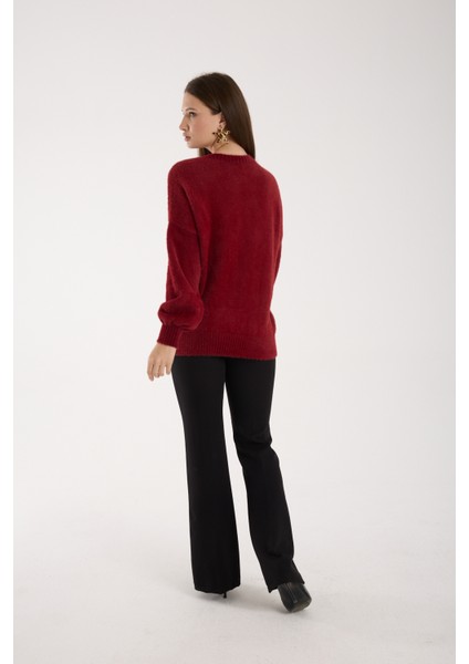 Kadın Bordo Sakal Iplik Balon Kollu Boncuk Nakışlı V Yaka Triko Kazak