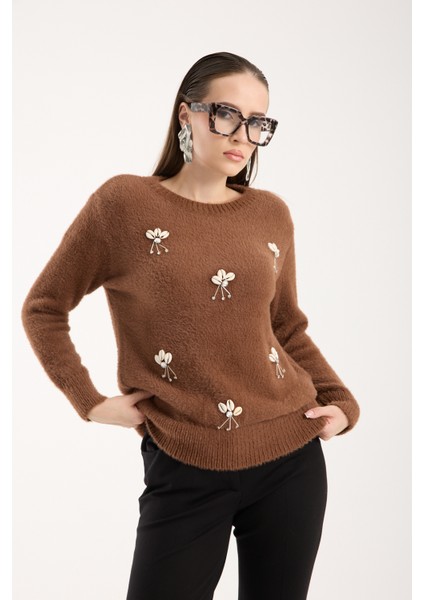 Kadın Taba Sakal Iplik Önü Aksesuarlı Bisiklet Yaka Triko Kazak modelleri