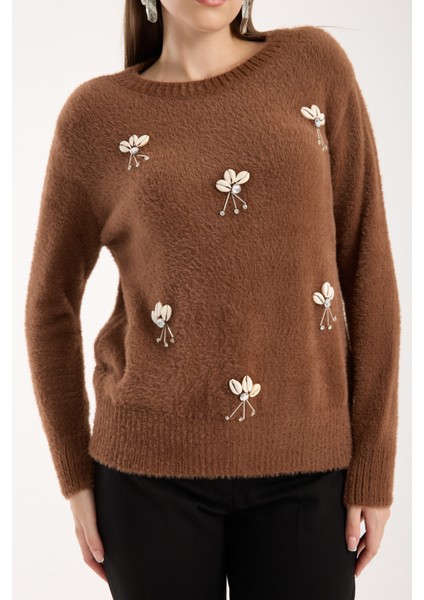 Kadın Taba Sakal Iplik Önü Aksesuarlı Bisiklet Yaka Triko Kazak fırsatları