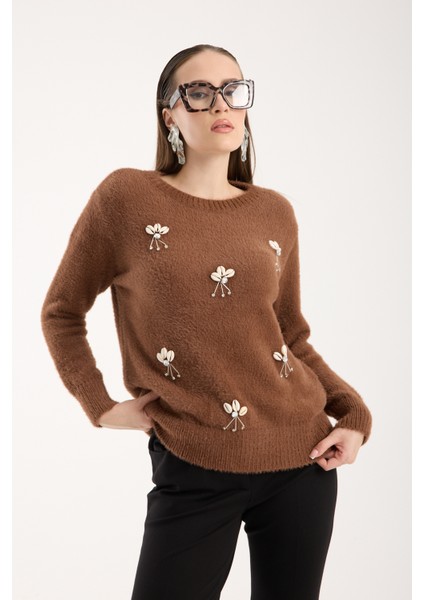 Kadın Taba Sakal Iplik Önü Aksesuarlı Bisiklet Yaka Triko Kazak indirimleri