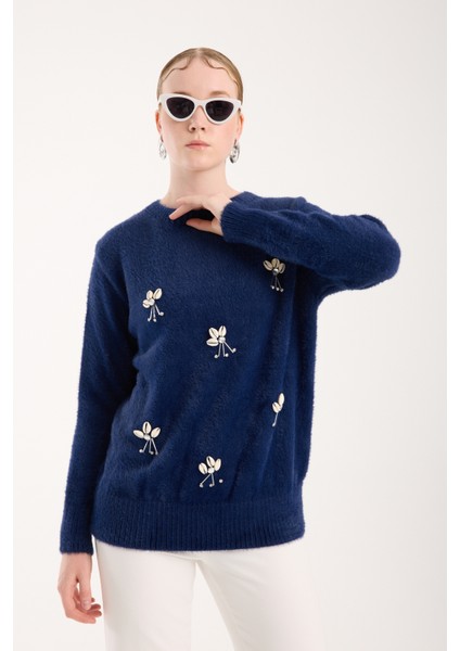 Kadın Koyu Laci Sakal Iplik Önü Aksesuarlı Bisiklet Yaka Triko Kazak