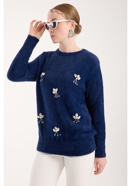 Kadın Koyu Laci Sakal Iplik Önü Aksesuarlı Bisiklet Yaka Triko Kazak fiyatları