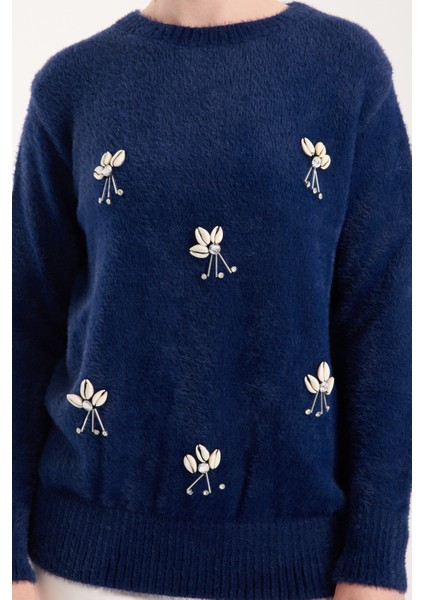 Kadın Koyu Laci Sakal Iplik Önü Aksesuarlı Bisiklet Yaka Triko Kazak modelleri