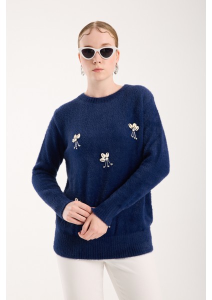 Kadın Koyu Laci Sakal Iplik Önü Aksesuarlı Bisiklet Yaka Triko Kazak fırsatları