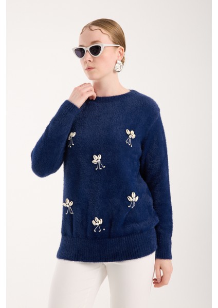 Kadın Koyu Laci Sakal Iplik Önü Aksesuarlı Bisiklet Yaka Triko Kazak indirimleri