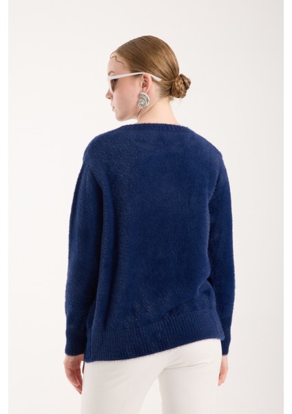 Kadın Koyu Laci Sakal Iplik Önü Aksesuarlı Bisiklet Yaka Triko Kazak