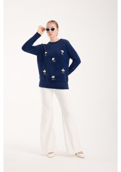 Kadın Koyu Laci Sakal Iplik Önü Aksesuarlı Bisiklet Yaka Triko Kazak