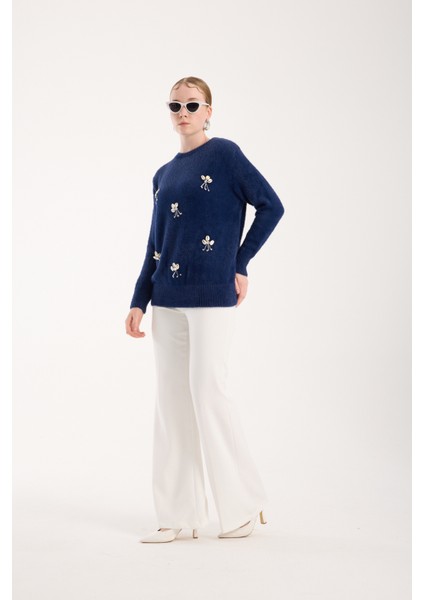 Kadın Koyu Laci Sakal Iplik Önü Aksesuarlı Bisiklet Yaka Triko Kazak