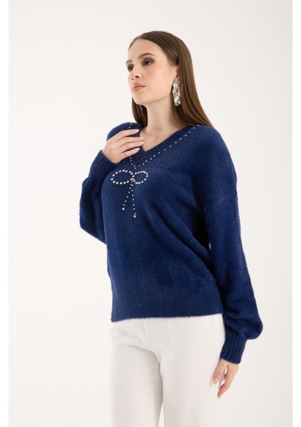 Kadın Koyu Laci Sakal Iplik Balon Kollu Taş ve Inci Detaylı V Yaka Triko Kazak fiyatları