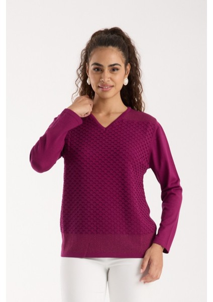 Kadın Mürdüm Viskon Kumaş V Yaka Simli Triko Bluz