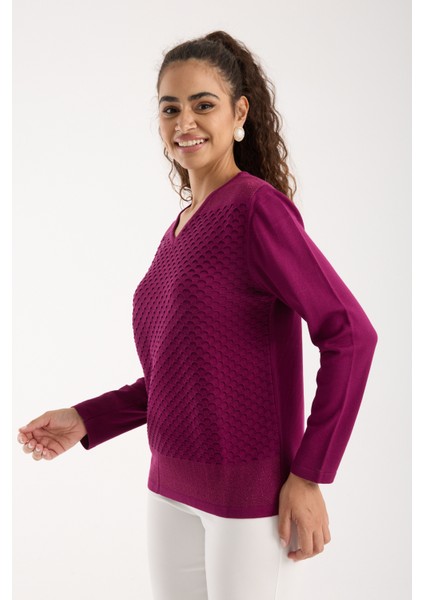 Kadın Mürdüm Viskon Kumaş V Yaka Simli Triko Bluz fırsatları