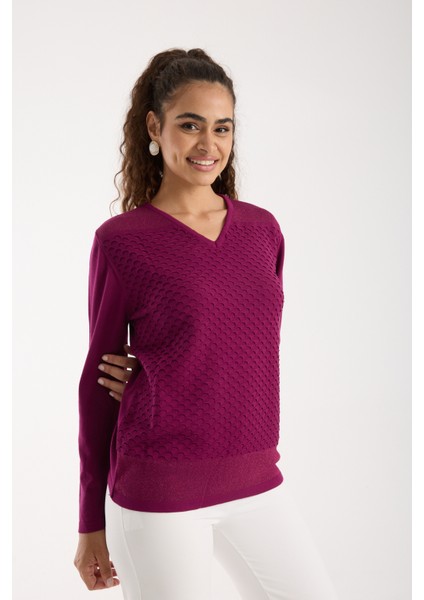 Kadın Mürdüm Viskon Kumaş V Yaka Simli Triko Bluz indirimleri
