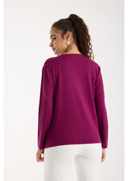 Kadın Mürdüm Viskon Kumaş V Yaka Simli Triko Bluz