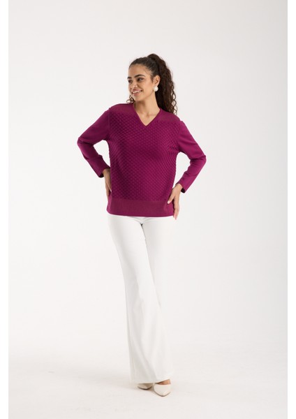 Kadın Mürdüm Viskon Kumaş V Yaka Simli Triko Bluz