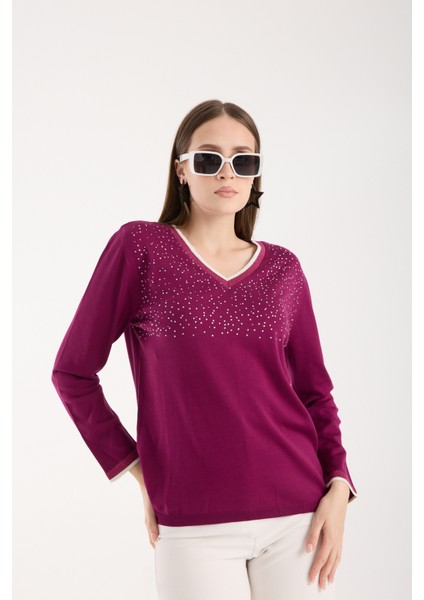 Kadın Mürdüm Viskon Kumaş Taş Detaylı Kontrast Sim Biyeli V Yaka Triko Bluz