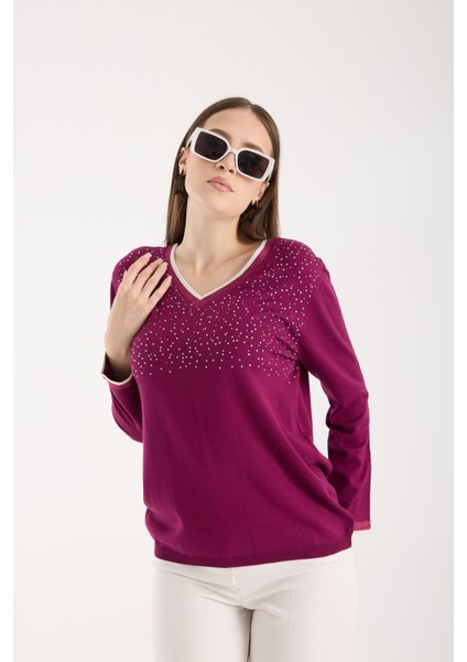 Kadın Mürdüm Viskon Kumaş Taş Detaylı Kontrast Sim Biyeli V Yaka Triko Bluz fiyatları
