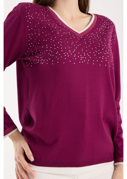 Kadın Mürdüm Viskon Kumaş Taş Detaylı Kontrast Sim Biyeli V Yaka Triko Bluz modelleri