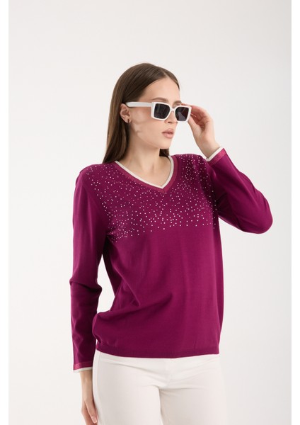 Kadın Mürdüm Viskon Kumaş Taş Detaylı Kontrast Sim Biyeli V Yaka Triko Bluz fırsatları