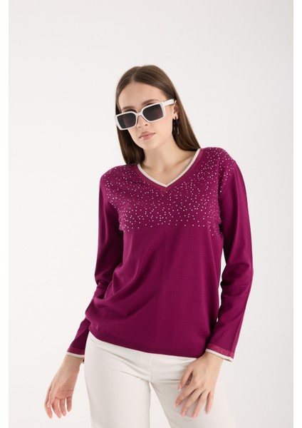 Kadın Mürdüm Viskon Kumaş Taş Detaylı Kontrast Sim Biyeli V Yaka Triko Bluz indirimleri