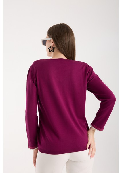 Kadın Mürdüm Viskon Kumaş Taş Detaylı Kontrast Sim Biyeli V Yaka Triko Bluz