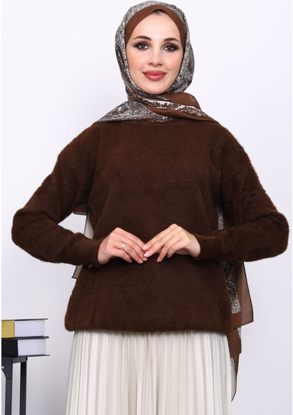 Kahverengi Bisiklet Yaka Angora Yumoş Triko Kazak modelleri