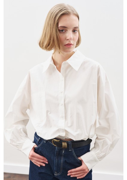 Crop Balon Form Gömlek Ekru