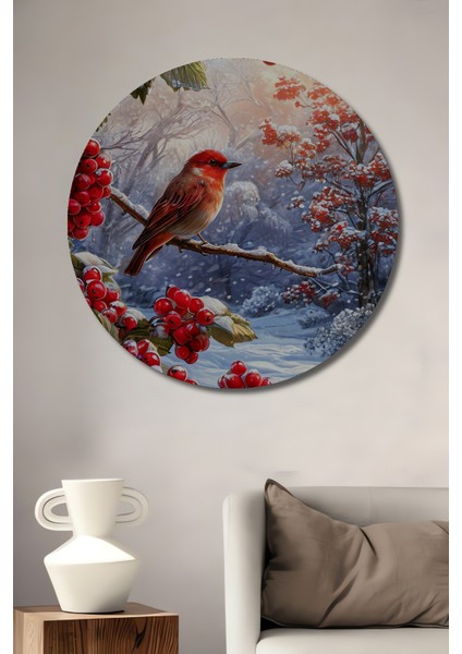 Kış Kuşu Orman Gülü Yağlı Boya Görünümlü Dekoratif Ahşap Tablo Yuvarlak Tablo