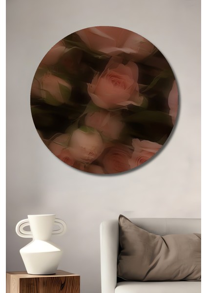 Romantik Gül Bahçesi Yağlı Boya Görünümlü Ahşap Dekoratif Tablo Yuvarlak Tablo