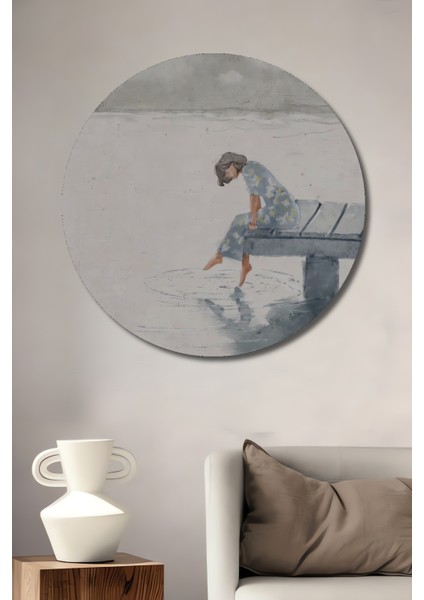 Sulu Boya Görünümlü Ahşap Dekoratif Tablo Deniz Kenarında Yalnız Kadın ve Umut Yuvarlak Tablo