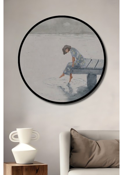 Sulu Boya Görünümlü Ahşap Dekoratif Tablo Deniz Kenarında Yalnız Kadın ve Umut Yuvarlak Tablo fiyatları