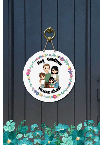 Kapı Süsü Çiçekli .. Ailesine Hoş Geldiniz Ahşap Baskı Kişiye Özel Tasarım modelleri