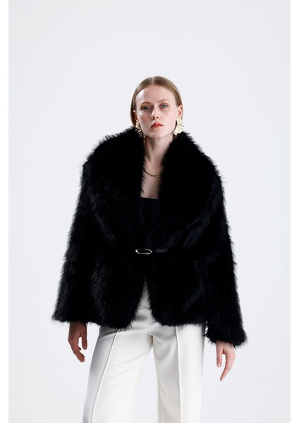 Deri Kemerli Kürk Kaban - Siyah