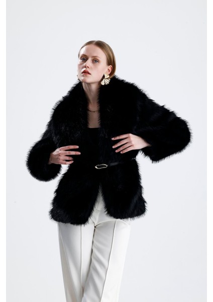 Deri Kemerli Kürk Kaban - Siyah indirimleri