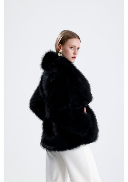 Deri Kemerli Kürk Kaban - Siyah