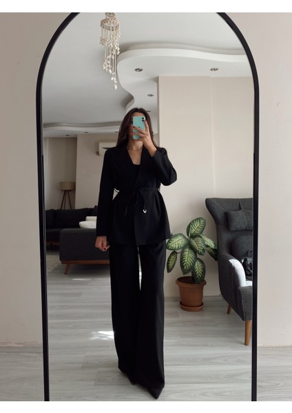Siyah Blazer Ceket & Palazzo Pantolon Ikili Takım