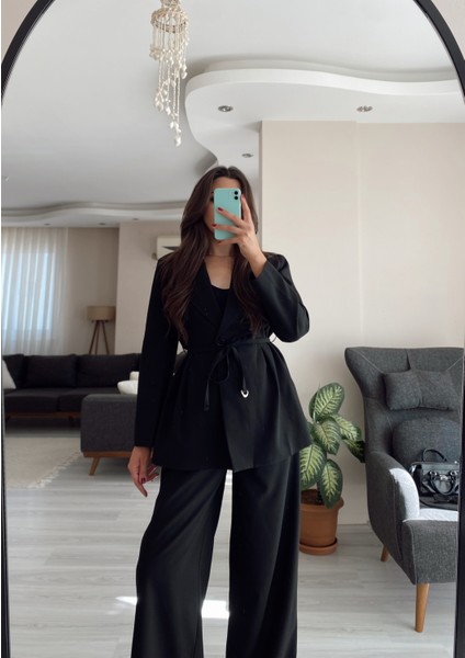 Siyah Blazer Ceket & Palazzo Pantolon Ikili Takım indirimleri