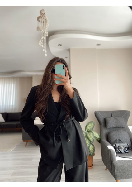 Siyah Blazer Ceket & Palazzo Pantolon Ikili Takım