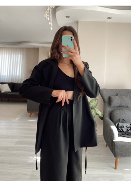 Siyah Blazer Ceket & Palazzo Pantolon Ikili Takım