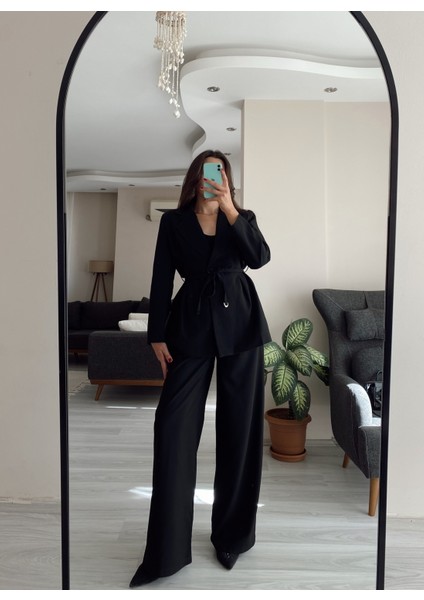 Siyah Blazer Ceket & Palazzo Pantolon Ikili Takım