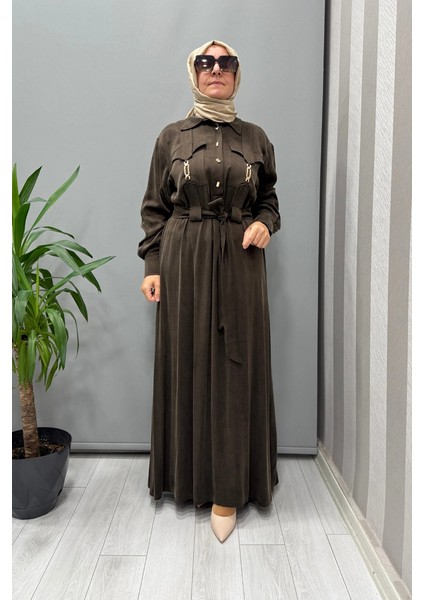 Cep Detaylı Ipek Cupro Elbise Kahve 5005