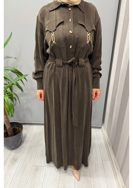 Cep Detaylı Ipek Cupro Elbise Kahve 5005 fırsatları