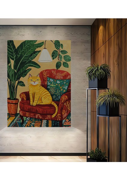 Bozuk Renk Kedi Yağlı Boya Görünümlü Ahşap Dekoratif Tablo Dikdörtgen Tablo