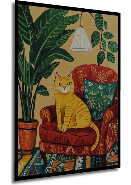 Bozuk Renk Kedi Yağlı Boya Görünümlü Ahşap Dekoratif Tablo Dikdörtgen Tablo