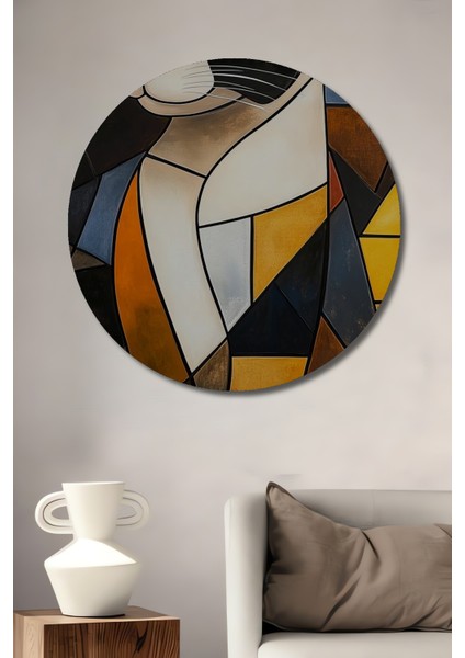 Modern Sanat Tarzında Geometrik Kedi Ahşap Dekoratif Tablo Yuvarlak Tablo