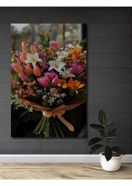 Renkli Lale ve Zambaak Buketi Sulu Boya Görünümlü Ahşap Dekoratif Tablo Dikdörtgen Tablo
