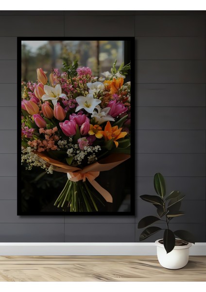 Renkli Lale ve Zambaak Buketi Sulu Boya Görünümlü Ahşap Dekoratif Tablo Dikdörtgen Tablo fiyatları