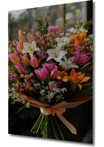 Renkli Lale ve Zambaak Buketi Sulu Boya Görünümlü Ahşap Dekoratif Tablo Dikdörtgen Tablo modelleri