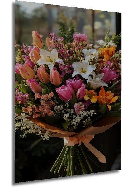 Renkli Lale ve Zambaak Buketi Sulu Boya Görünümlü Ahşap Dekoratif Tablo Dikdörtgen Tablo fırsatları